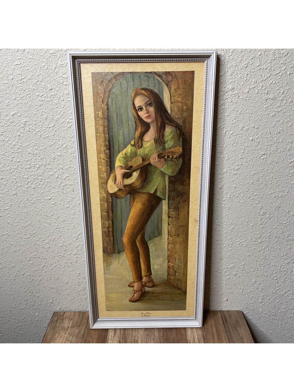 Vintage 1960s Framed Lithograph Print M. Medeiros Big Eye Guitar Player 25”x11”